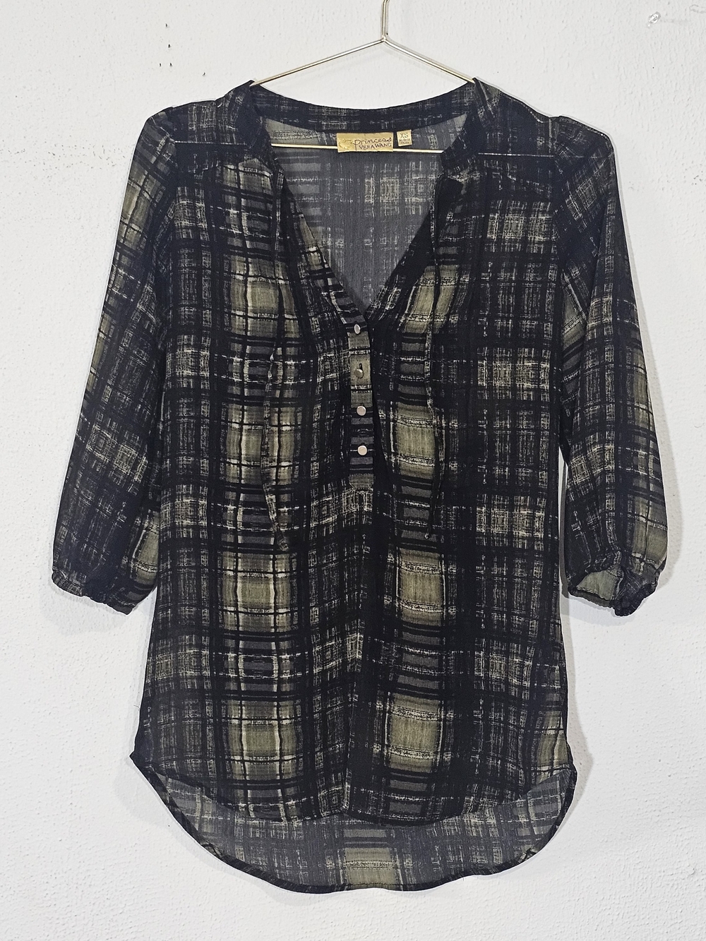 princess vera wang Black and Olive Plaid Semi-Sheer Tunic